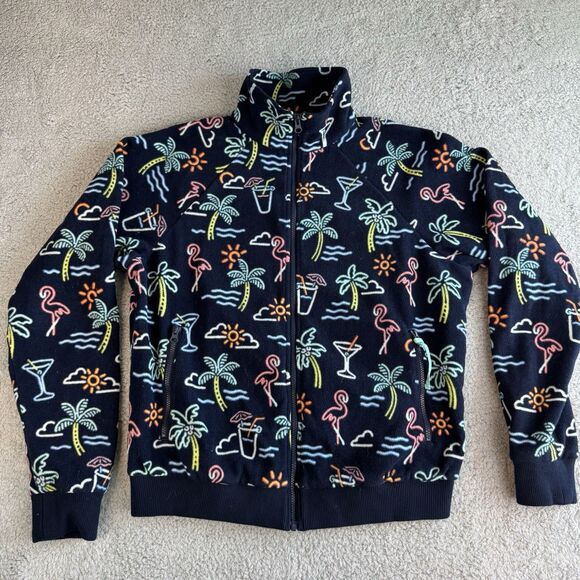 S Chubbies Fleece Jacket Mens L Blue Neon Lights Tropical Print Full Zip Pockets - Picture 1 of 8